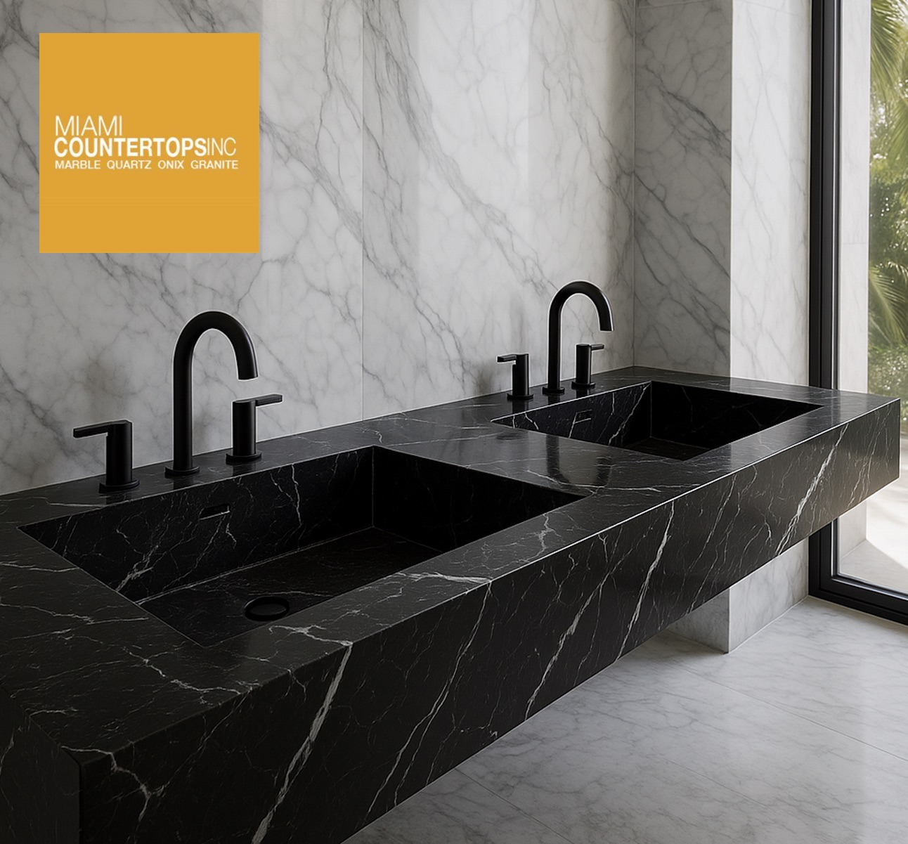 Miami double sink vanity with black marble countertop, white marble walls and floor, and natural light