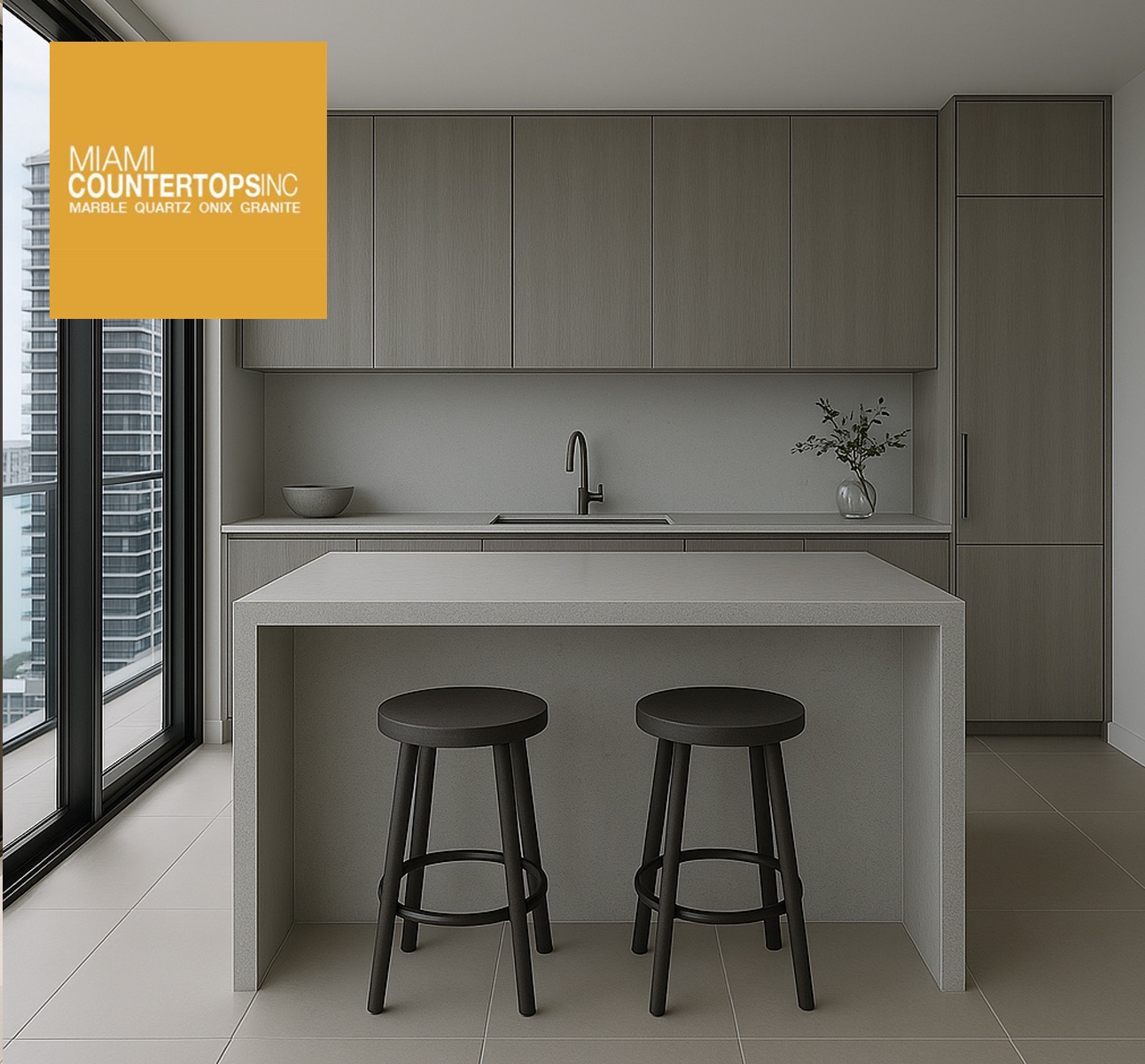 Miami kitchen with light gray countertop island, dark stools, gray cabinetry, and city view