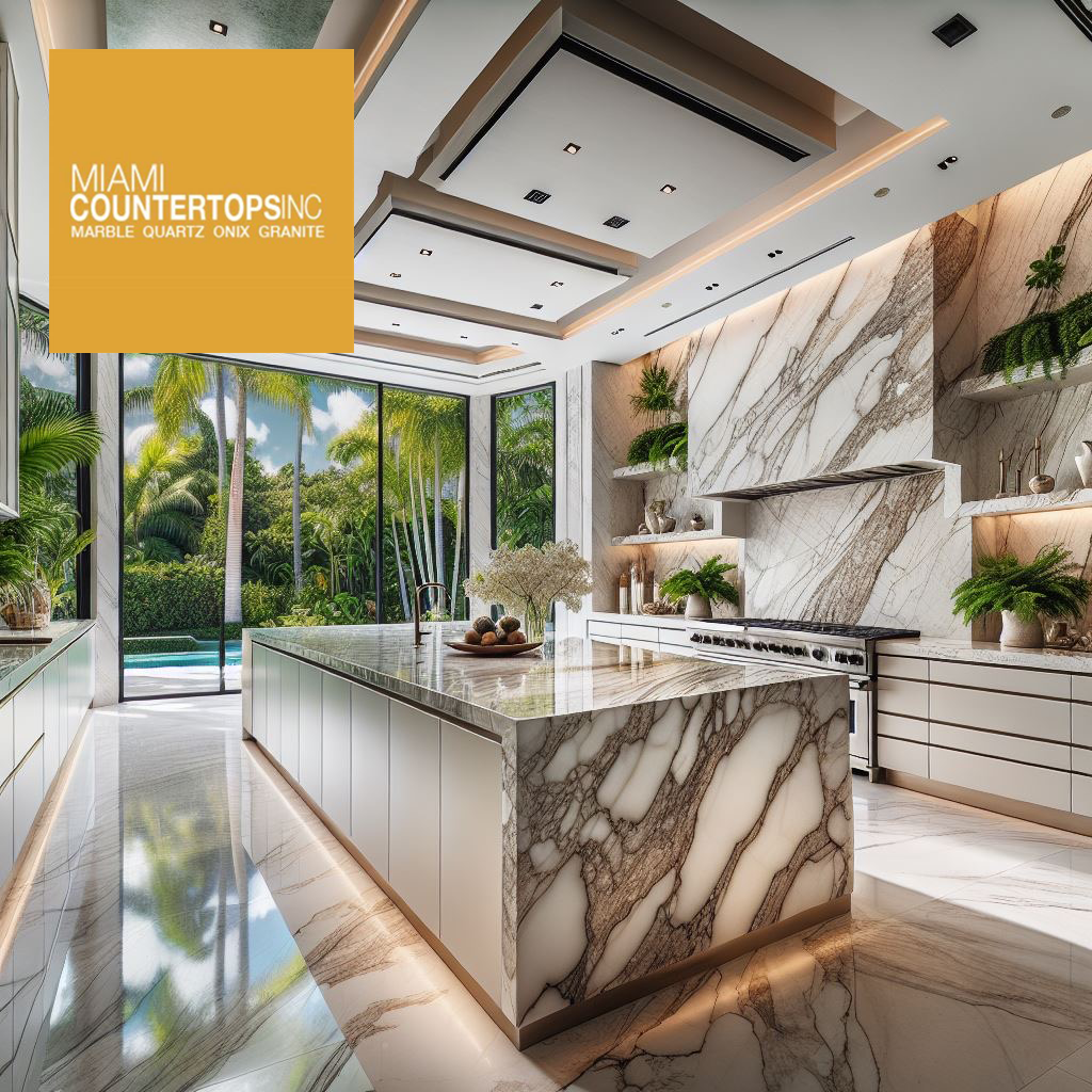 Miami luxury kitchen with dramatic veined stone countertops, floor-to-ceiling windows, and tropical pool view