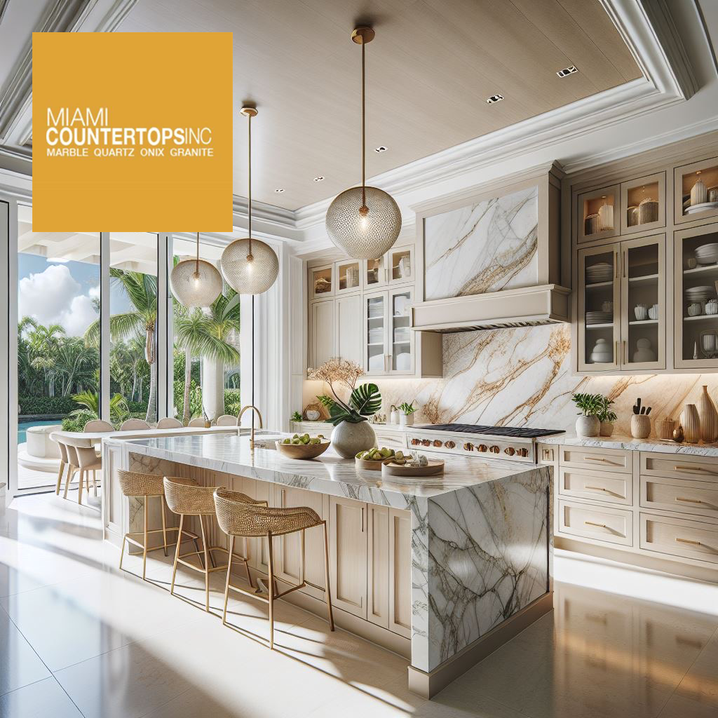 Miami luxury kitchen with waterfall marble island, dramatic veining, light cabinetry, and tropical garden view