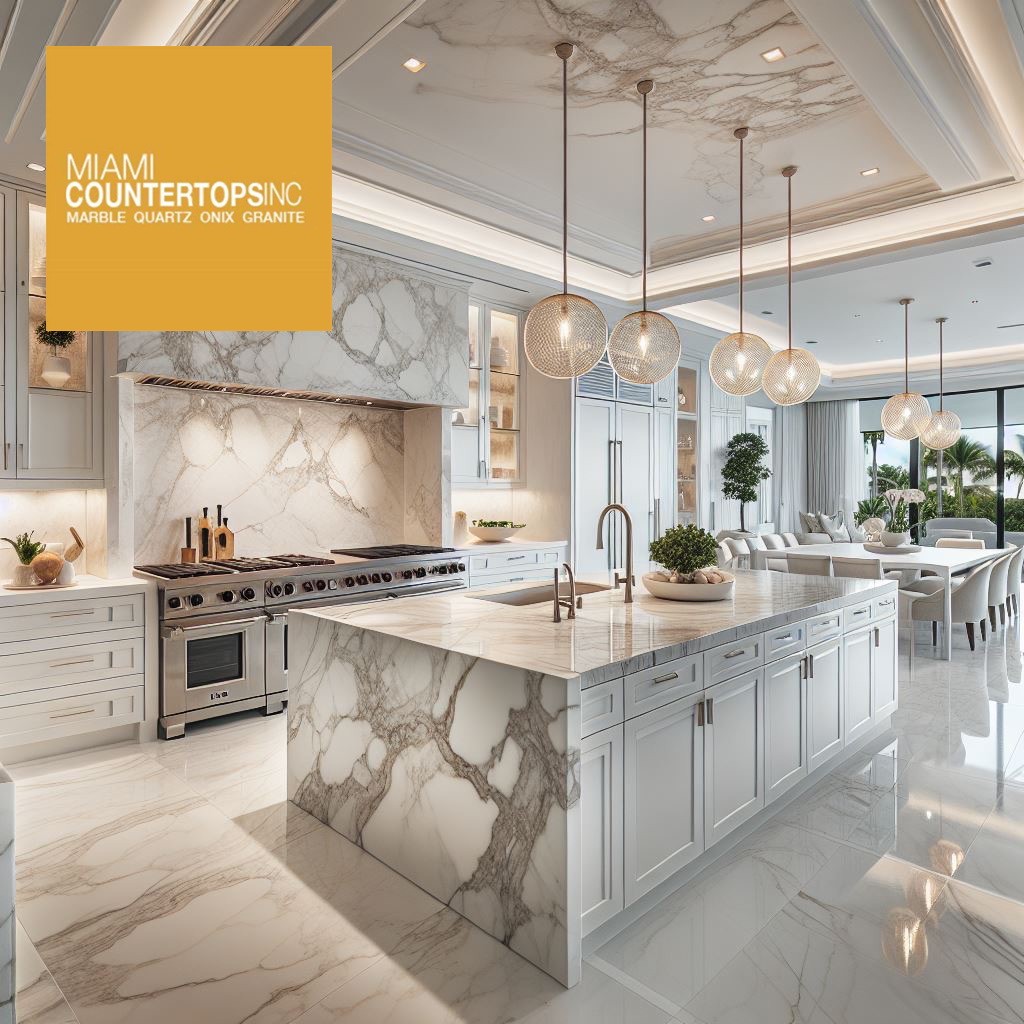 Miami luxury kitchen with white marble island, dramatic veining, pendant lights, and tropical outdoor view