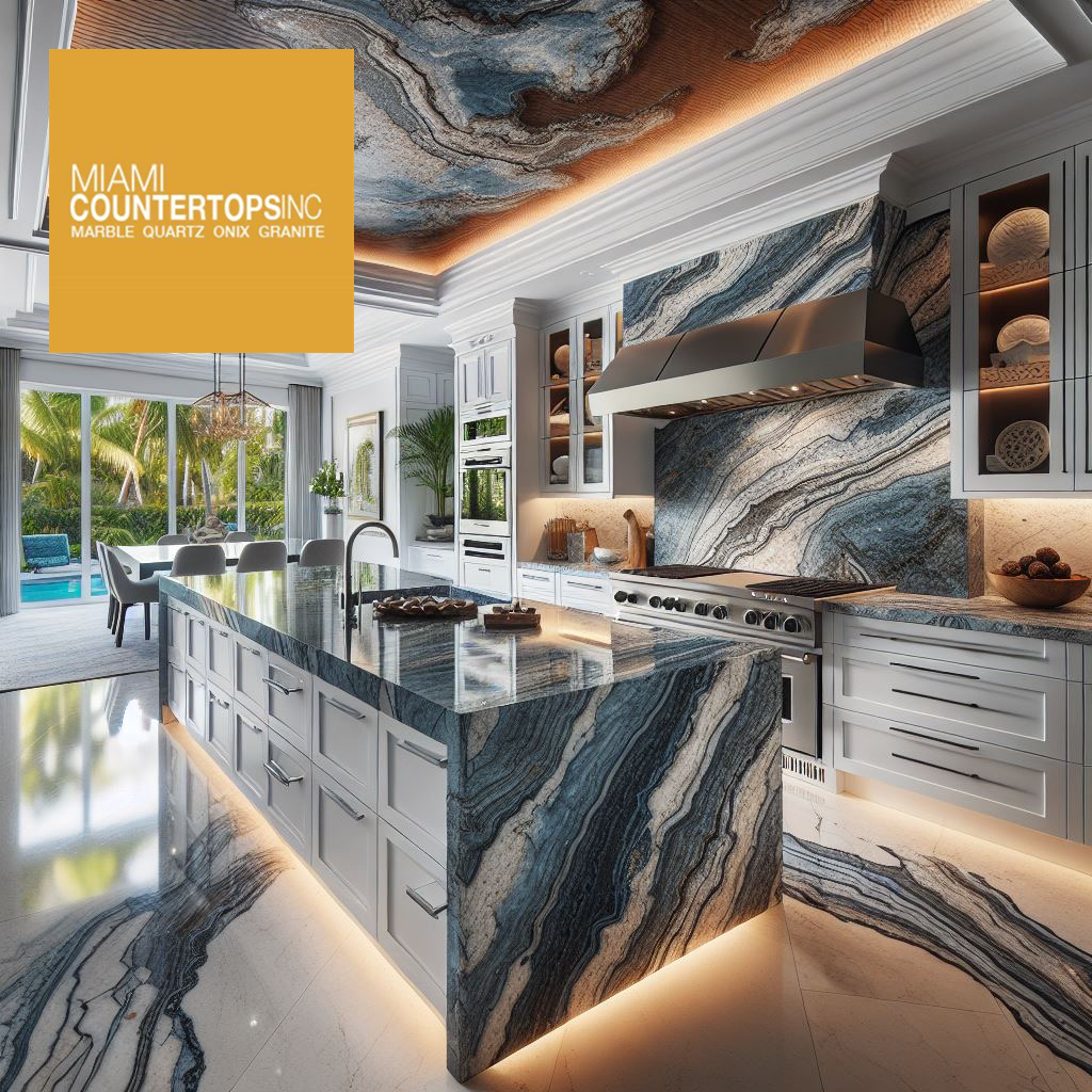 Miami luxury kitchen with swirling blue and white marble island, backsplash, and tropical poolside view