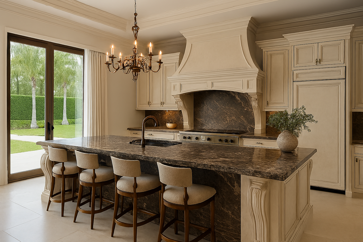 Miami luxury kitchen with dark marble island, ornate supports, chandelier, and cream cabinetry