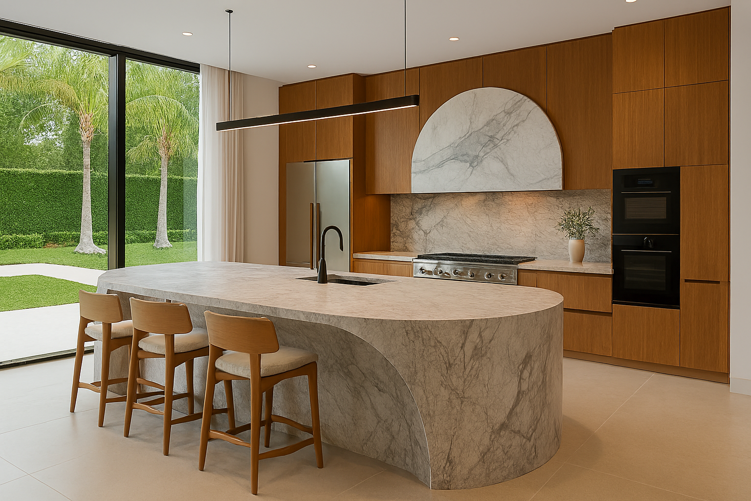 Miami kitchen with curved marble island, light wood cabinetry, and semi-circular marble backsplash
