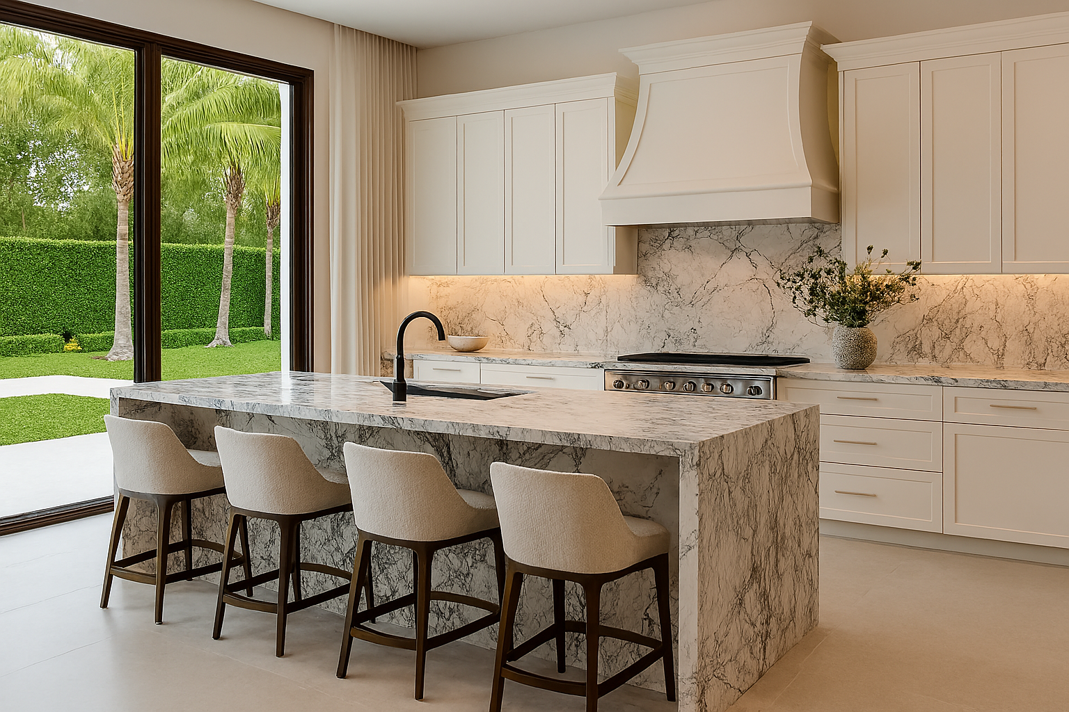 Miami kitchen with dark marble waterfall island, white cabinetry, black faucet, and garden view