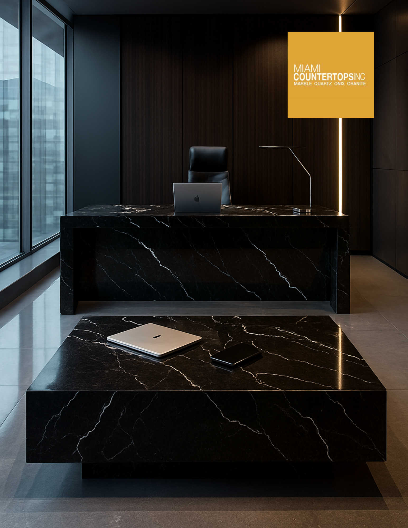 Luxury black marble office furniture in a high-rise Miami workspace with city views, ideal for upscale stone fabrication branding.
