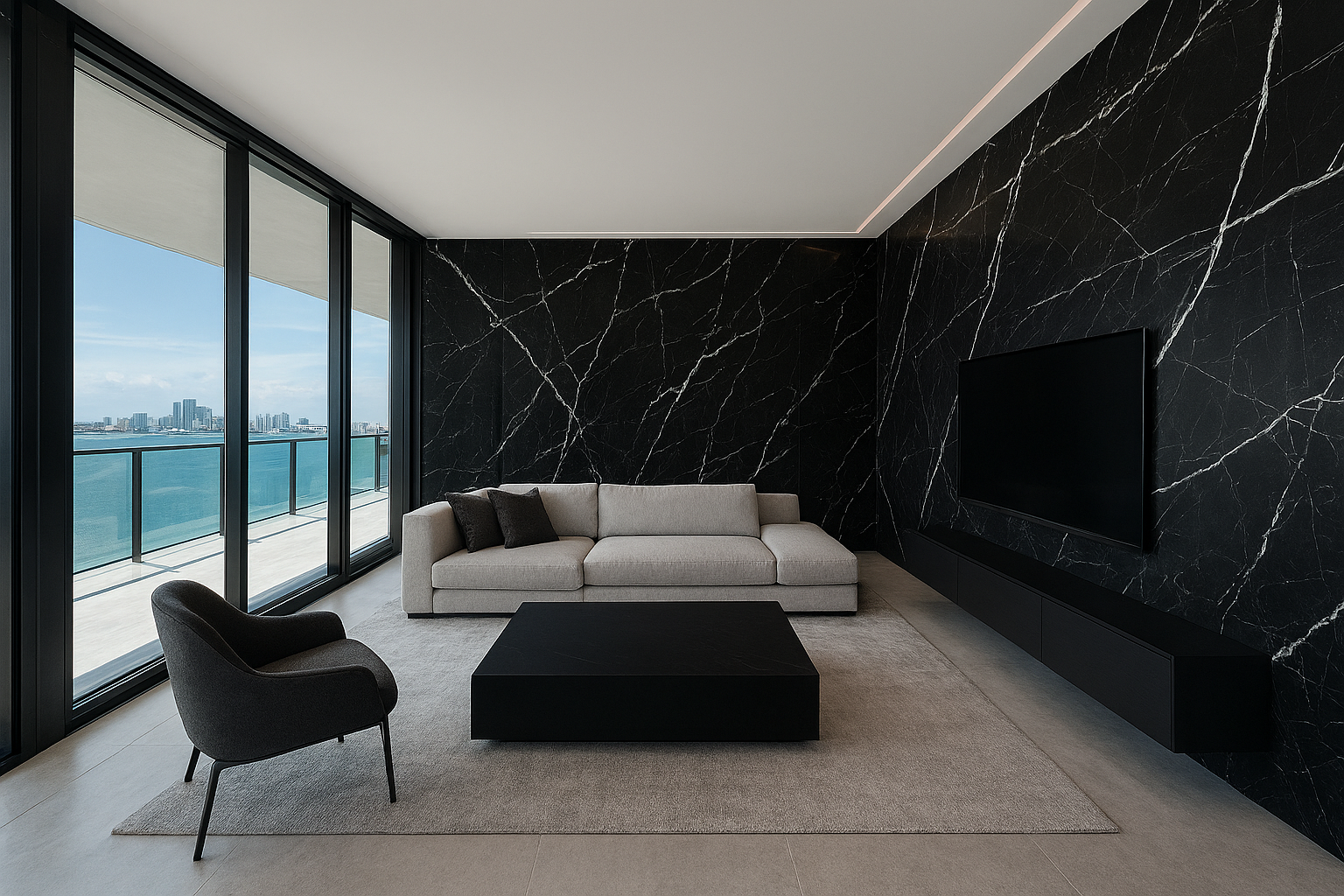 Full slab stone wall with black marble veining, porcelain finishes, and wood accents in luxury living room