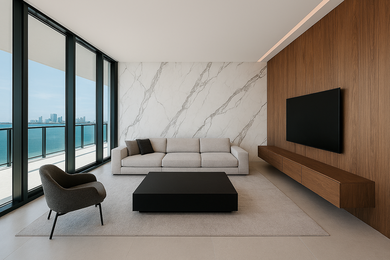 Full slab stone wall with marble veining, porcelain surfaces, and wood accents in luxury living room