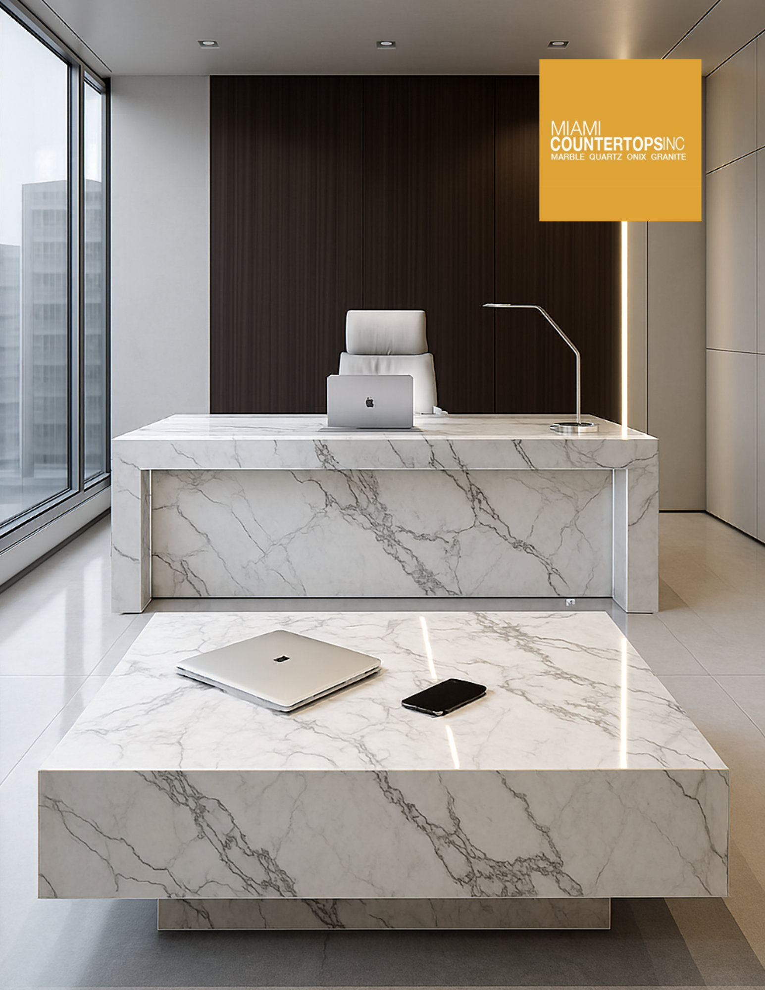 Modern Miami office interior featuring custom marble desk and coffee table with city views and luxury finishes.