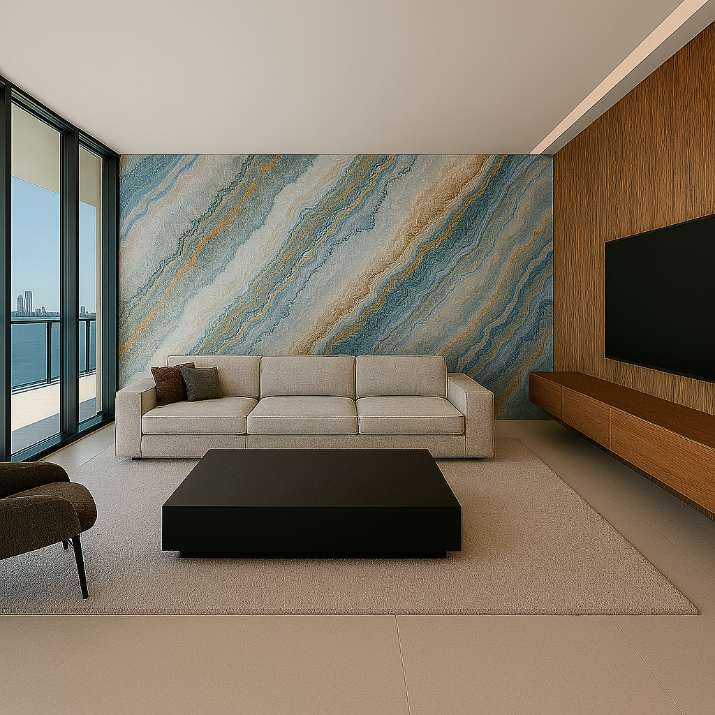 Full slab stone accent wall with marble veining and porcelain finishes in luxury living room with waterfront view