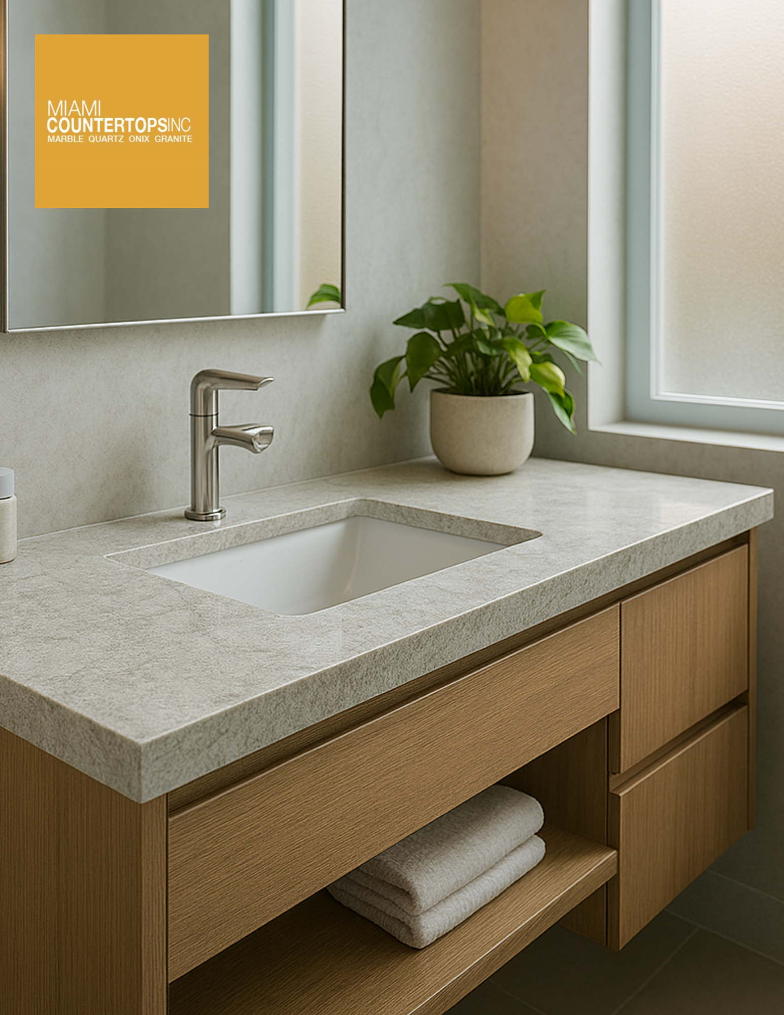 Modern Edgewater Miami bathroom vanity featuring honed quartzite countertops fabricated by Miami Countertops Inc, showcasing subtle gray veining, minimalist fixtures, and soft natural lighting — ideal for low maintenance countertops Miami and quartzite countertops Miami projects.