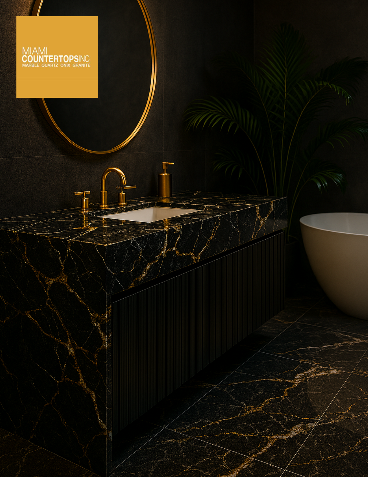 Luxury veined marble outdoor patio kitchen island with waterfall edges, tropical plants, and ocean sunset view in Miami 2026 trend by Miami Countertops Inc.